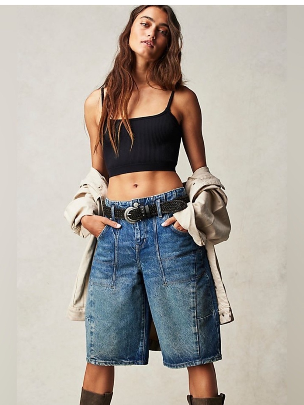 Free People We The Free “Extreme Measures” barrel blue denim shorts